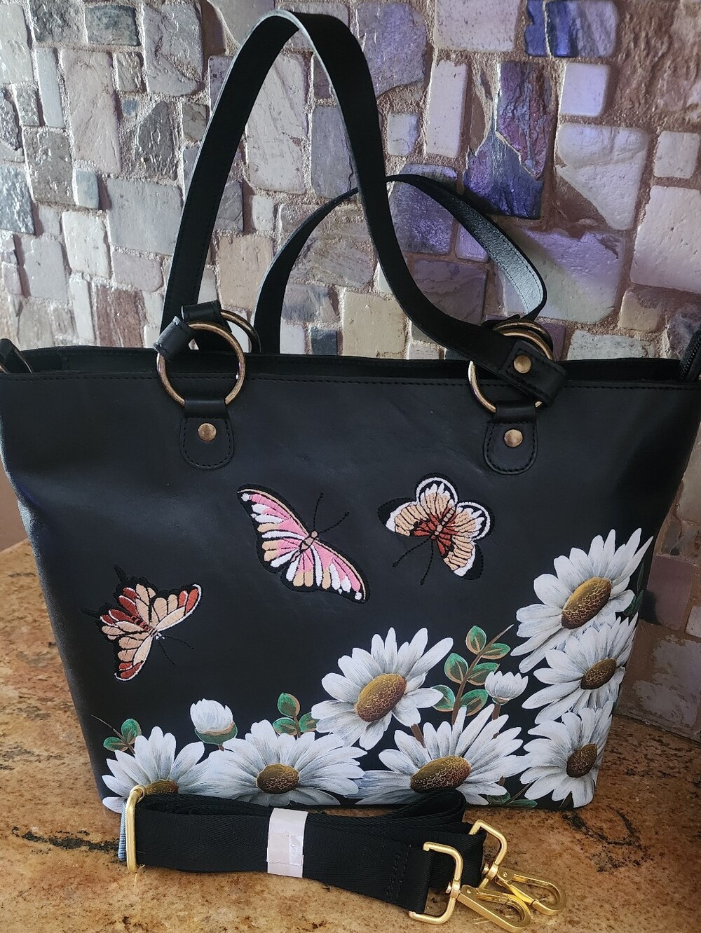 Anuschka Black Tote with White Daisies and Pink Butterflies